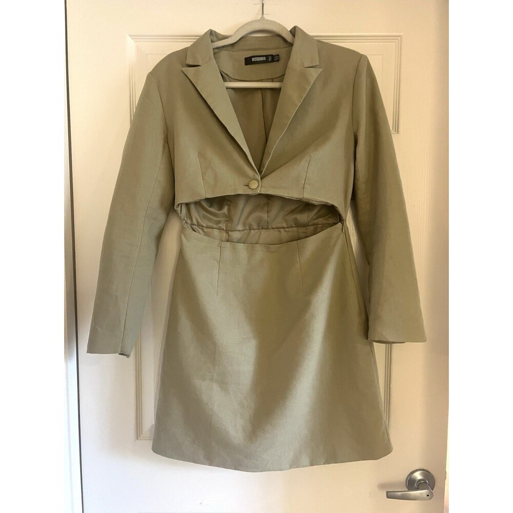 Missguided Long Sleeve Cut Out Blazer Mini Dress Khaki Sz 8 Linen Cotton Midriff